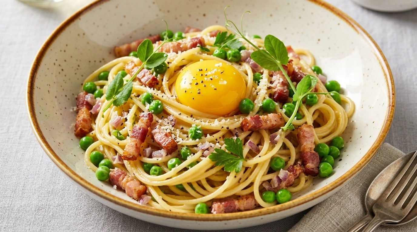 Snabb Pasta Carbonara med ärtor – Krämig på 10 minuter - traditionellt Italiensk Middag recept, perfekt till vardagsmiddag